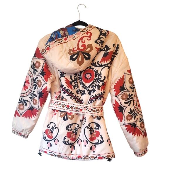 Farm Rio Women's Cashew Mandala Reversible Belted Floral Puffer Jacket SZ S NWT - Picture 2 of 13